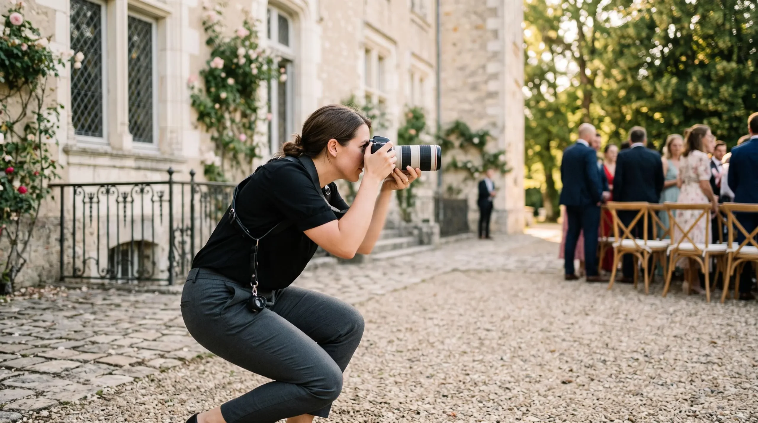 Photographe de mariage utilisant un appareil plein format lors d'une cérémonie en extérieur