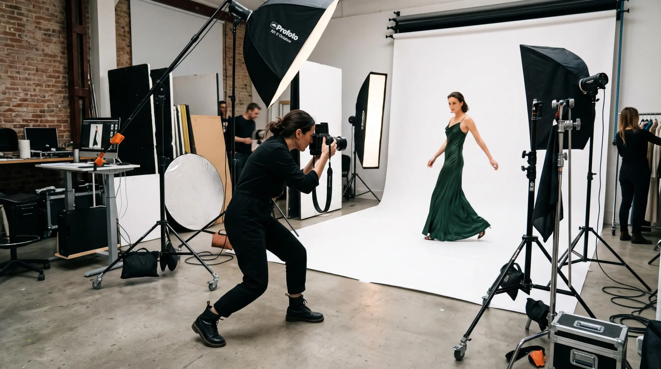Photographe de mode travaillant avec un appareil moyen format lors d'une séance commerciale en studio