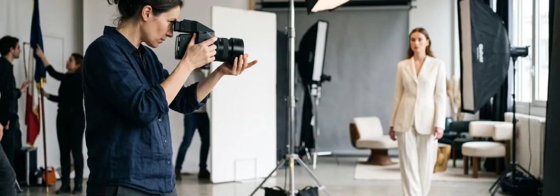 Photographe professionnel utilisant un appareil moyen format lors d'une séance en studio photo